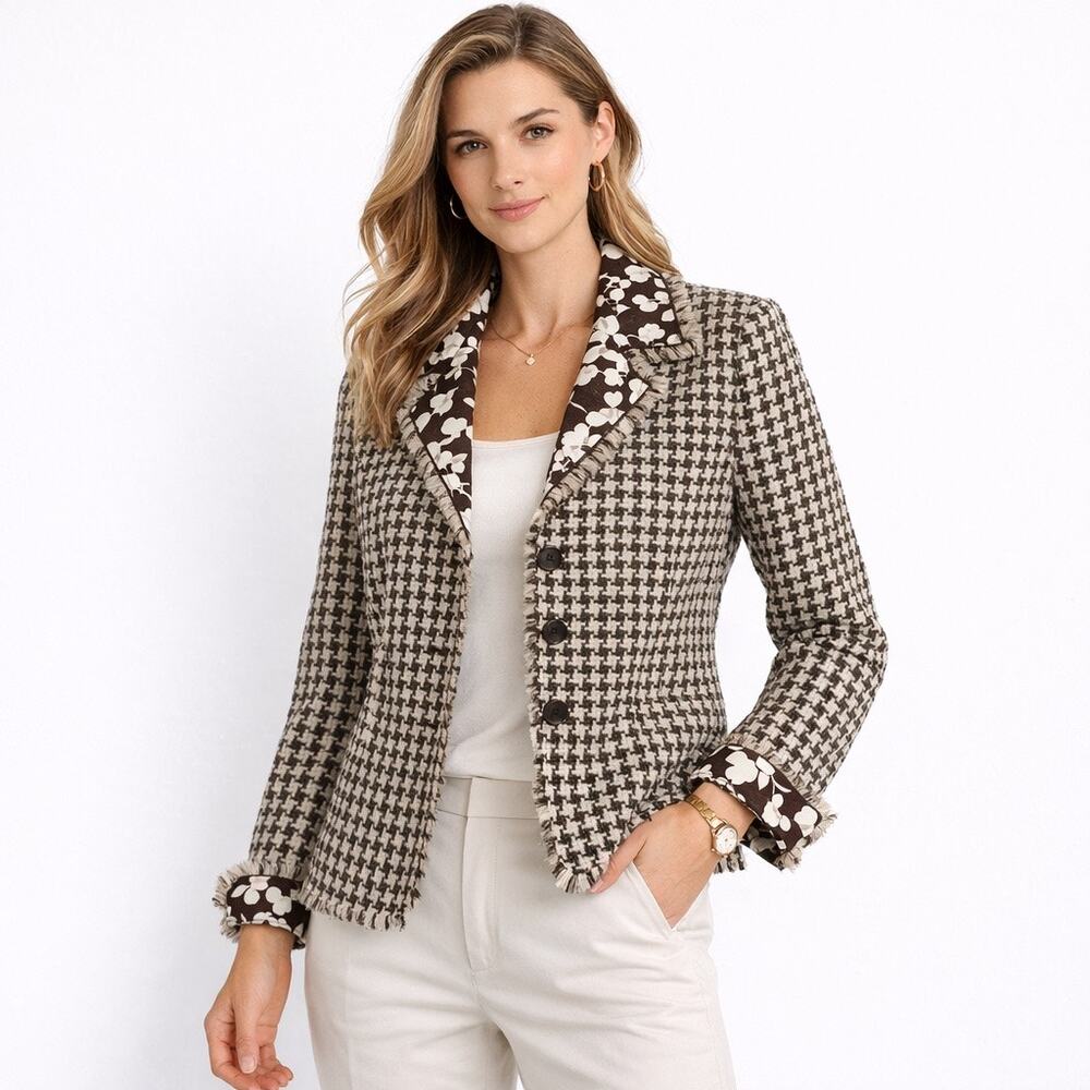 Kasper Tweed Blazer Jacket 4 Brown Ivory Check Floral Trim Frayed Classic Chic